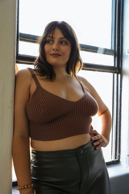 Plus size ribbed brami top in brown with adjustable straps for a stylish and comfortable fit