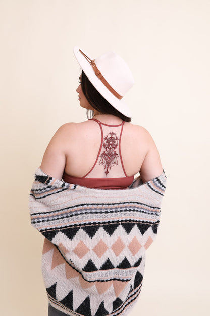 Leto Collection Plus Size Curvy Tattoo Back Bralette with intricate tattoo design and versatile styling options