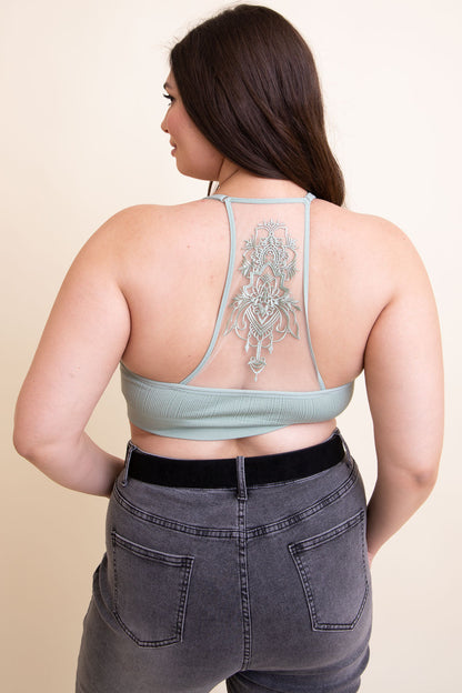 Leto Collection Plus Size Curvy Tattoo Back Bralette in Soft Mint Green with Intricate Design
