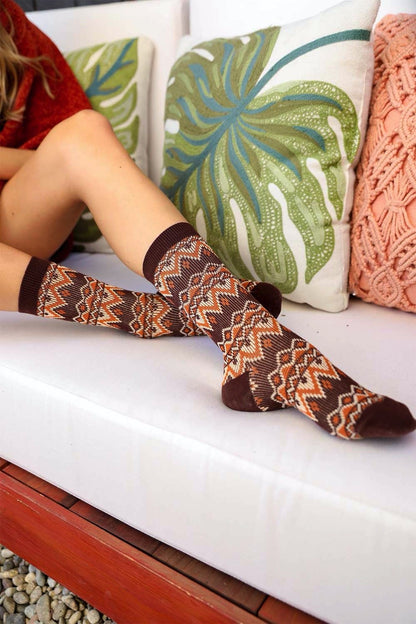 Leto Collection boho tribal pattern socks in earthy tones for a stylish, cozy look