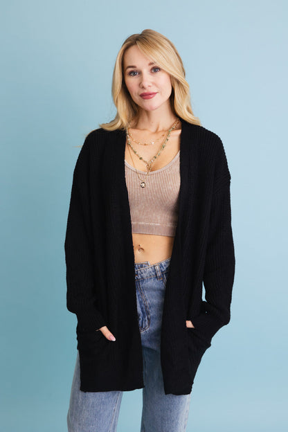 Cozy waffle knit cardigan by Leto Collection in black, perfect for layering and everyday wear