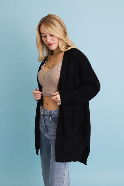 Leto Collection cozy waffle knit cardigan in black, perfect for layering and adding warmth