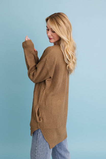 Leto Collection cozy waffle knit cardigan in brown with side slits for a relaxed fit