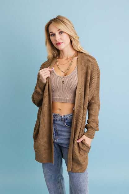 Leto Collection cozy waffle knit cardigan in brown with open front and pockets for layering