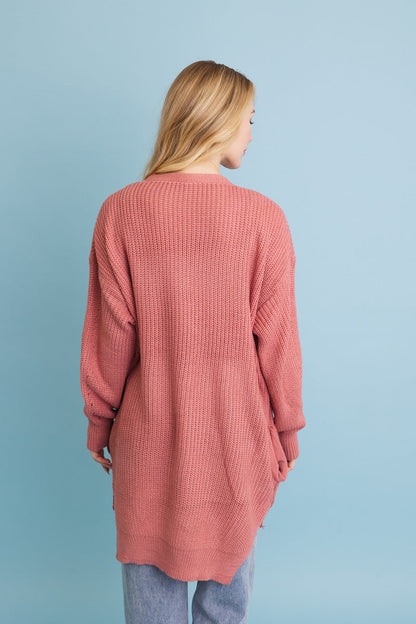 Cozy waffle knit cardigan in pink with a relaxed fit and long sleeves from Leto Collection