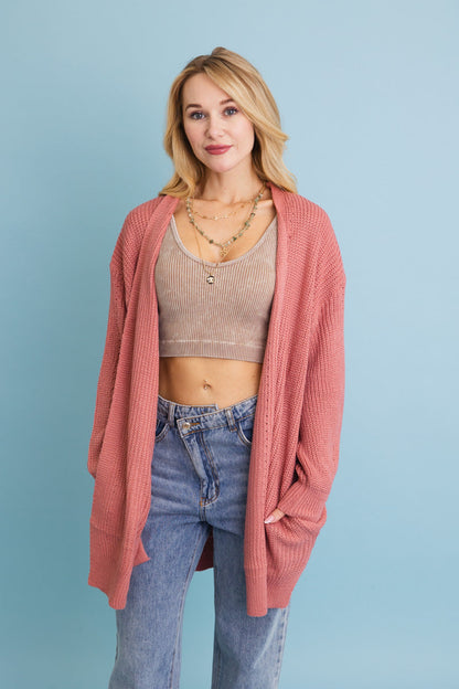 Leto Collection cozy waffle knit cardigan in pink, perfect for stylish layering in cooler weather