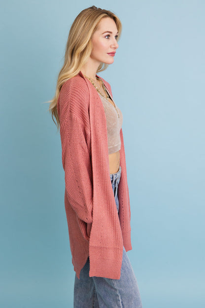 Leto Collection cozy waffle knit cardigan in soft pink, perfect for layering and keeping warm