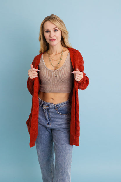 Cozy waffle knit cardigan from Leto Collection in burnt orange, perfect for layering in any season