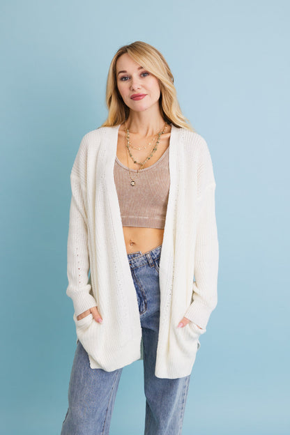 Leto Collection cozy waffle knit cardigan in cream with open front and pockets, perfect for layering