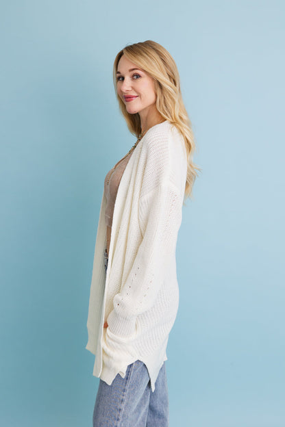 Leto Collection cozy waffle knit cardigan in white, perfect for layering on cooler days