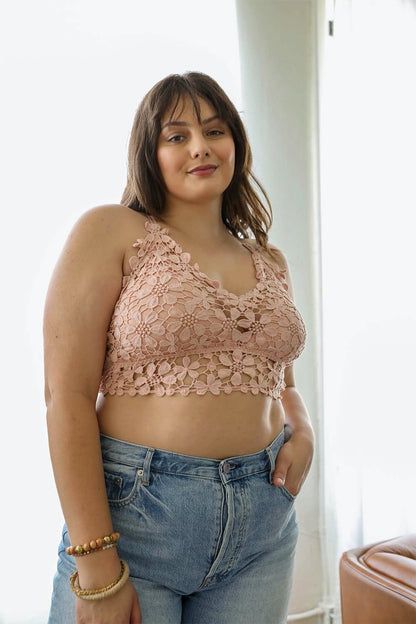 Leto Collection Crochet Daisy Bralette in blush pink with floral lace detailing, perfect for casual wear