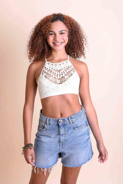 Crochet ivory bralette high neck plus size with halter design.