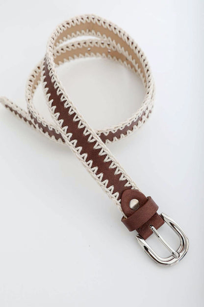 Leto Collection crochet vegan leather belt with decorative stitching and a sleek metal buckle