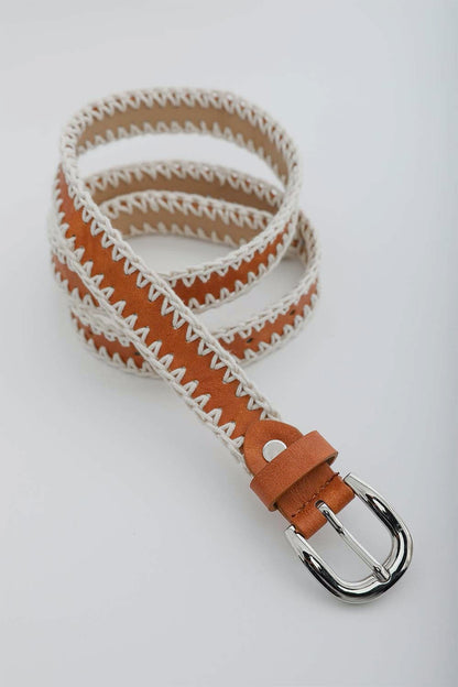 Leto Collection crochet vegan leather belt with decorative stitching and silver buckle