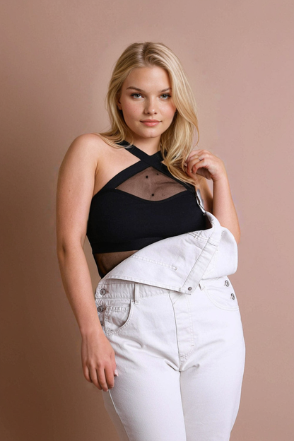 Leto Collection Plus Size Cross Front Bralette in Black with Sheer Mesh and Adjustable Straps