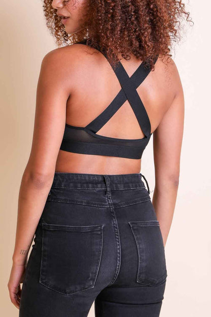 Leto Collection boho cross strap bralette in black with stylish crisscross back design