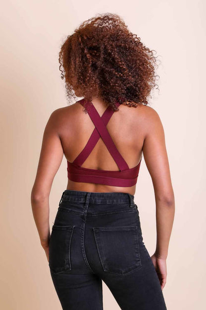 Back view of Leto Collection boho cross strap bralette in burgundy with crisscross straps
