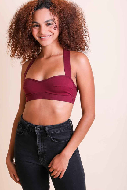 Leto Collection boho cross strap bralette in burgundy with comfortable style for everyday wear