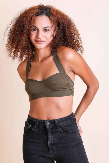 Olive Green Boho Cross Strap Bralette from Leto Collection with a stylish design