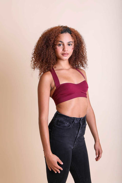 Burgundy boho cross strap bralette with wide straps for a stylish look and comfortable fit