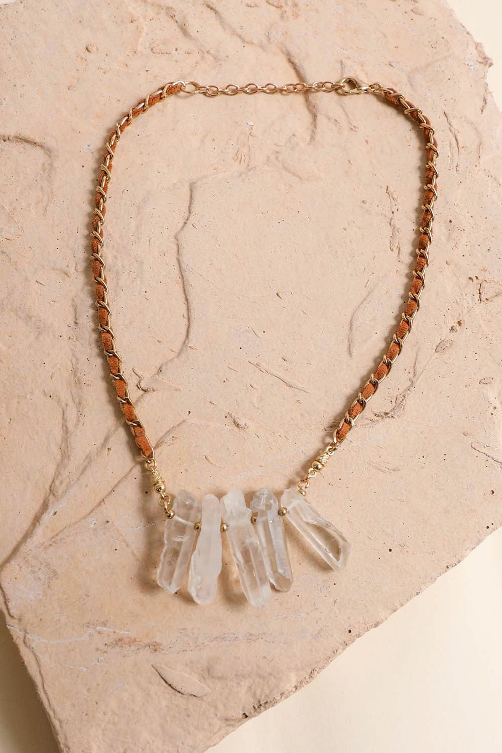Leto Collection Boho Necklace, Boho Chic Jewelry, Spiritual clear quartz point cluster on gold braided leather chain