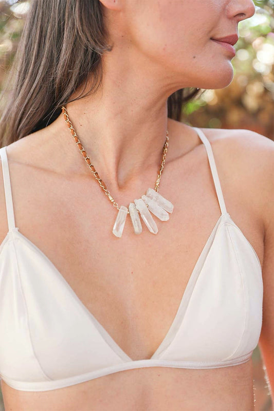 Leto Collection gold chain necklace with raw quartz crystals worn on model Boho Necklace, Boho Chic Jewelry, Spiritual