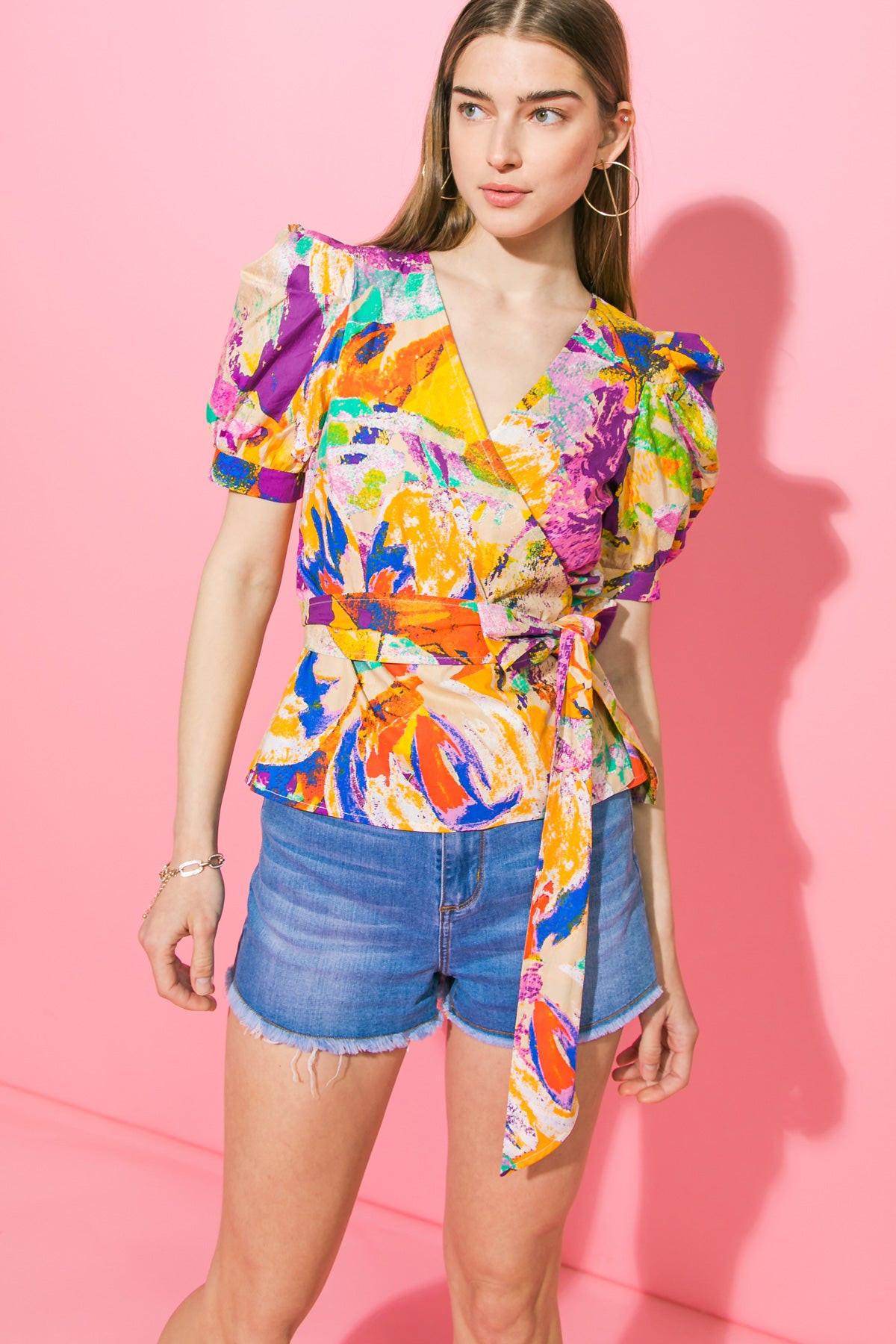 Nothing To Lose Poplin Wrap Top With Puff Sleeves And Peplum
