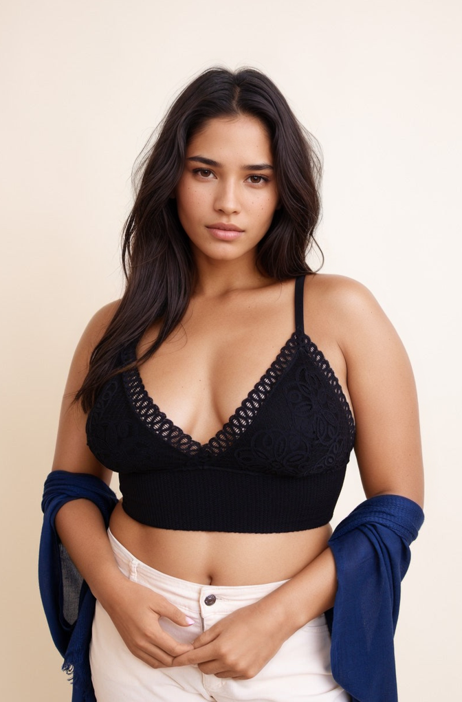 Black Leto Collection plus size lace brami with intricate lace detailing and comfortable fit