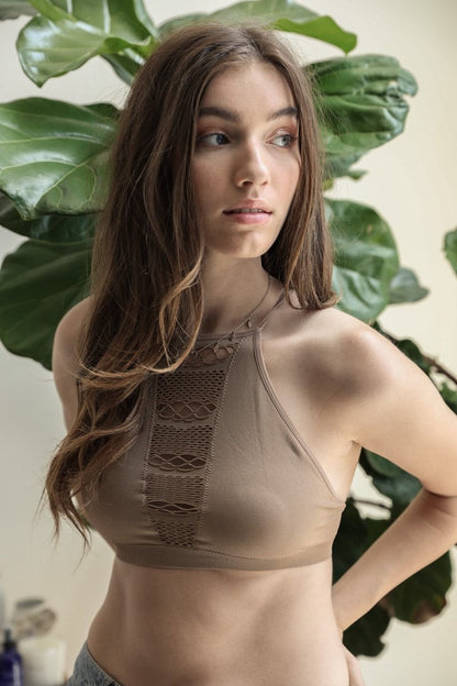 Leto Collection boho cutout halter top in tan with intricate lace detailing and a stylish design