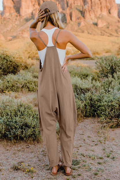 Boho v-neck sleeveless jumpsuit in taupe with a relaxed fit for stylish summer outings