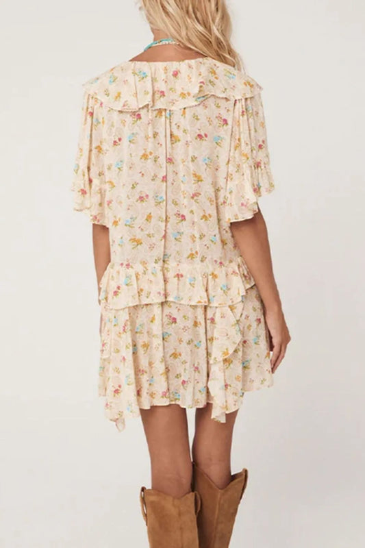 Boho Floral Tassel Tie V Neck Ruffle Wide Sleeve Mini Dress-Soul Flow Apparel