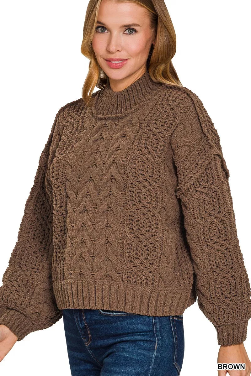Brown cable knit turtleneck sweater with textured design for a cozy and stylish look