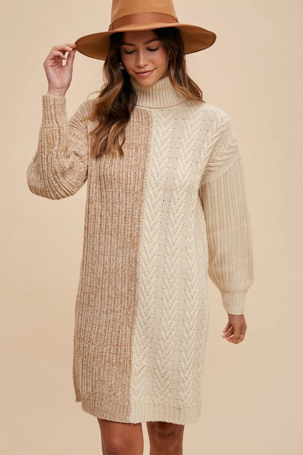 Trendsi color block turtleneck sweater dress featuring textured knit design in neutral tones