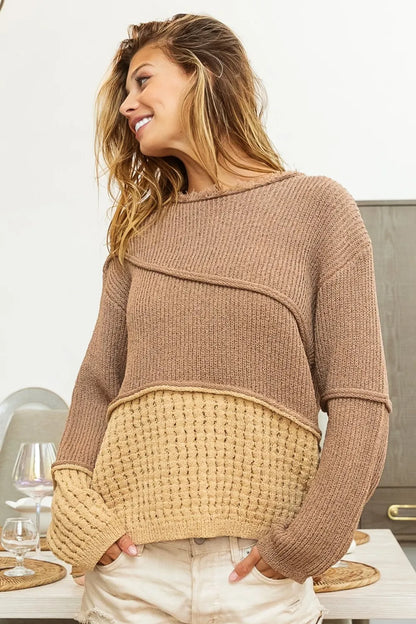 Trendsi Boho drop shoulder sweater in beige and brown with a stylish textured design