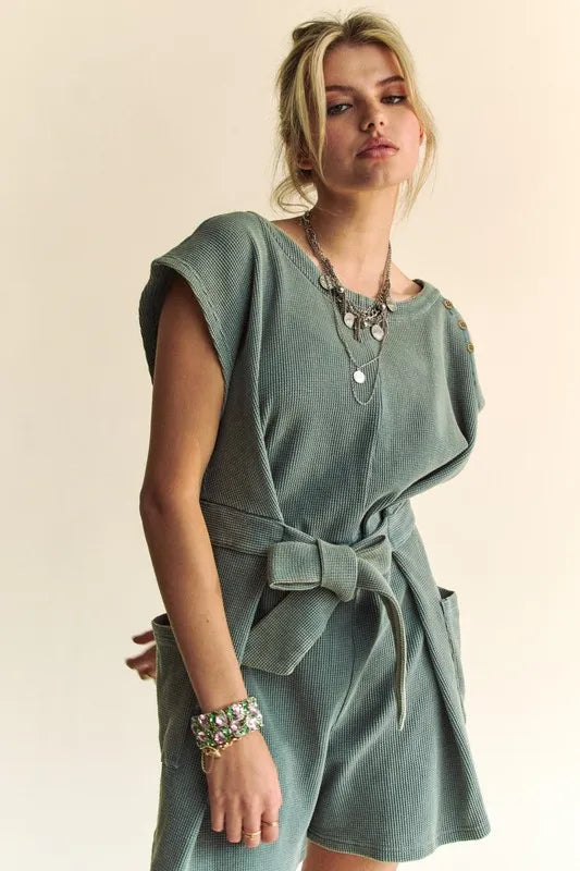 Davi & Dani Acid-Washed Waffle Knit Cuffed Sleeves Romper-Soul Flow Apparel