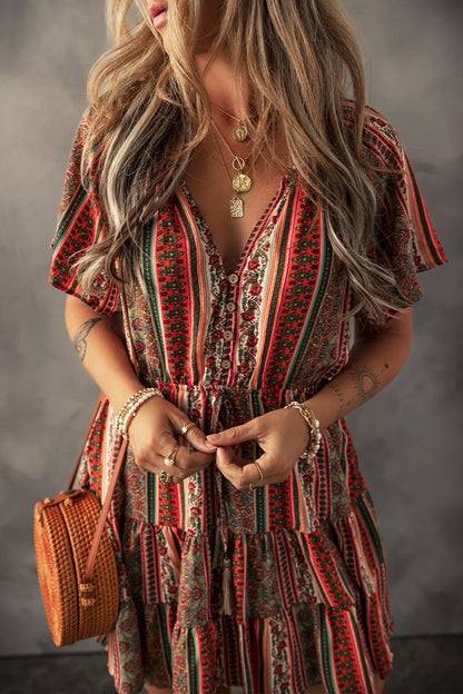 Bohemian Floral Print Buttoned V Neck Ruffle Tiered Dress-Soul Flow Apparel
