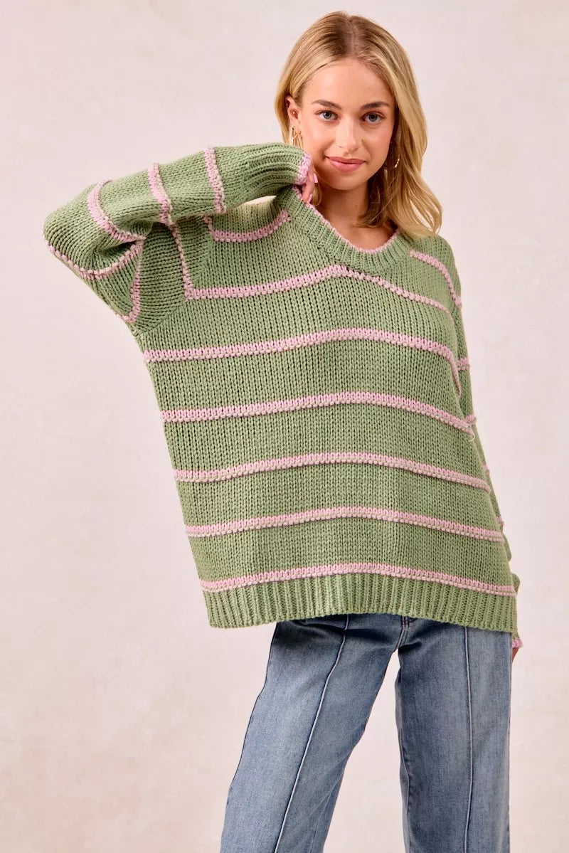 Trendsi boho striped long sleeve sweater in green and pink, perfect for casual fall outfits