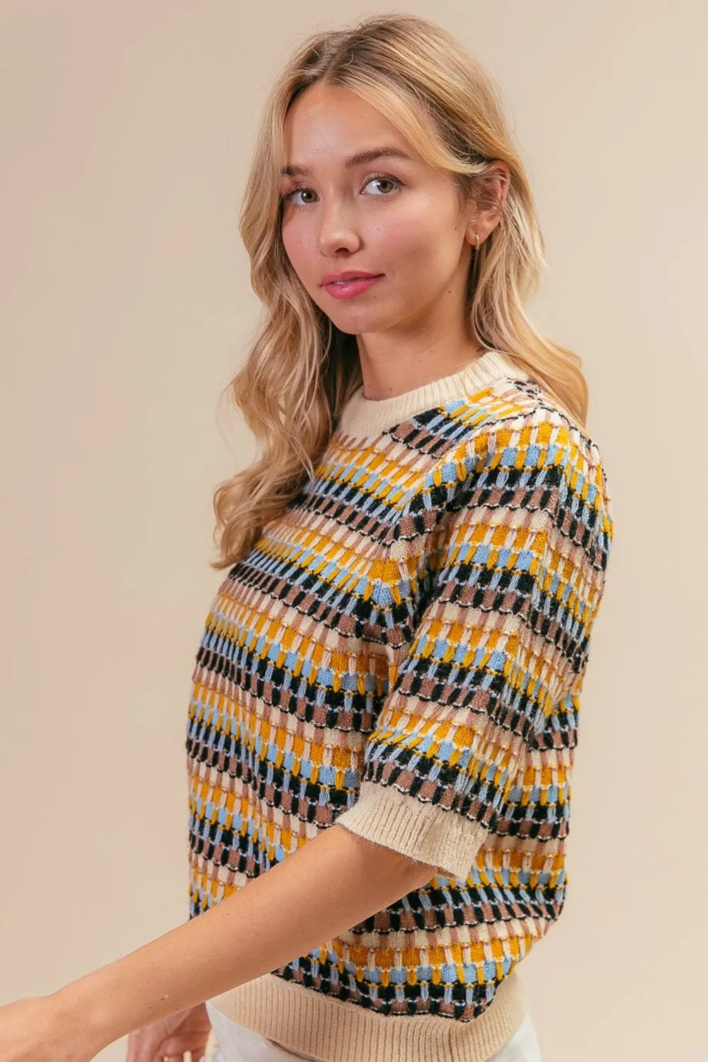 Trendsi boho multi color sweater with a vibrant geometric pattern for a stylish casual look