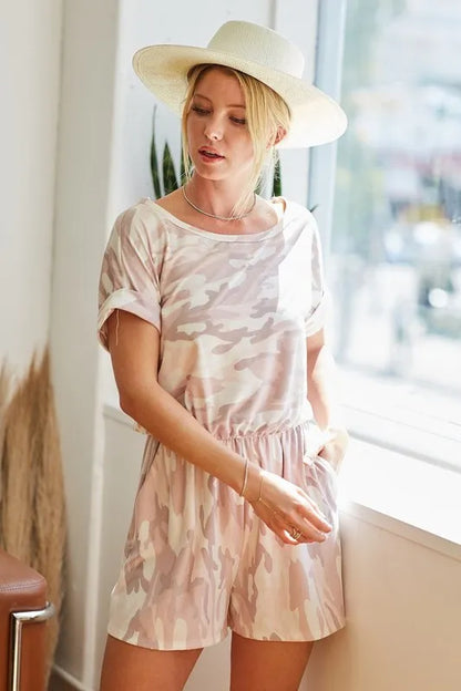Trendsi camo print romper for women in soft pink tones, perfect for casual summer outings