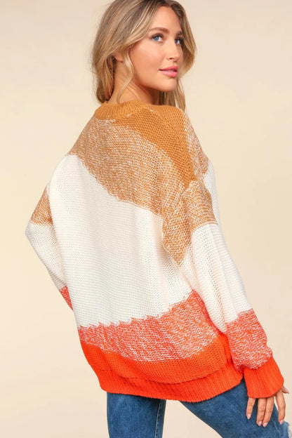 Trendsi boho color block sweater in warm tones with a relaxed fit, perfect for casual outfits