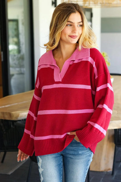 Trendsi collared striped boho sweater in red and pink, perfect for casual outfits