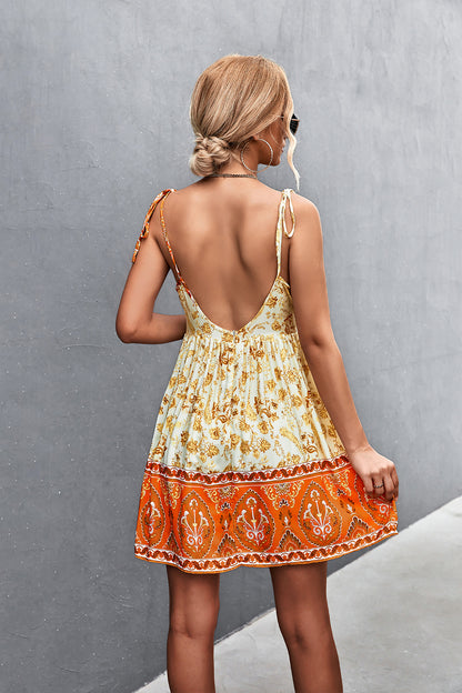 Bohemian Tie Shoulder Surplice Backless Dress-Soul Flow Apparel