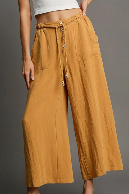 Trendsi Plus Size Rope Drawstring Wide Leg Pants in Mustard with Buttons and Pockets