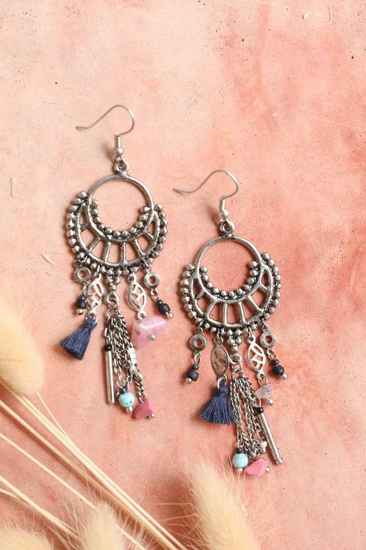 Dangling Rose Quartz & Fringe Earrings-Soul Flow Apparel