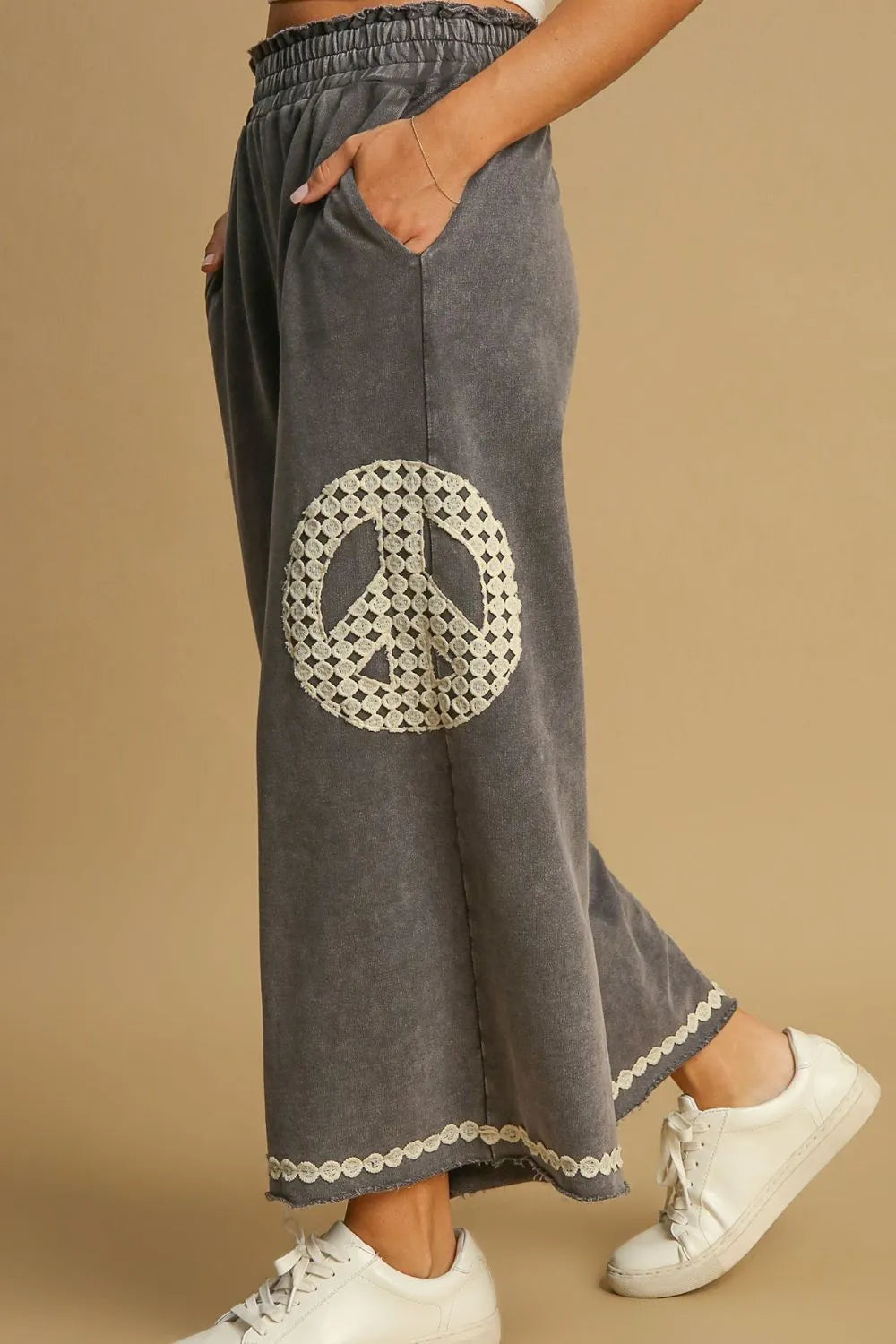 Peace Lace Applique Mineral Wash Wide Leg Pants Plus Size-Soul Flow Apparel