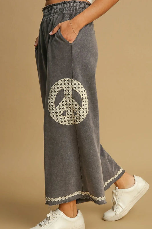 Peace Lace Applique Mineral Wash Wide Leg Pants Plus Size-Soul Flow Apparel