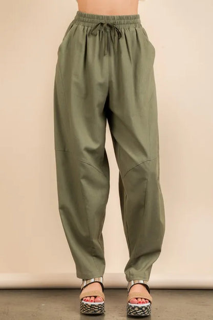 Trendsi Olive Green Boho Woven Pants for Women with Elastic Waist and Relaxed Fit