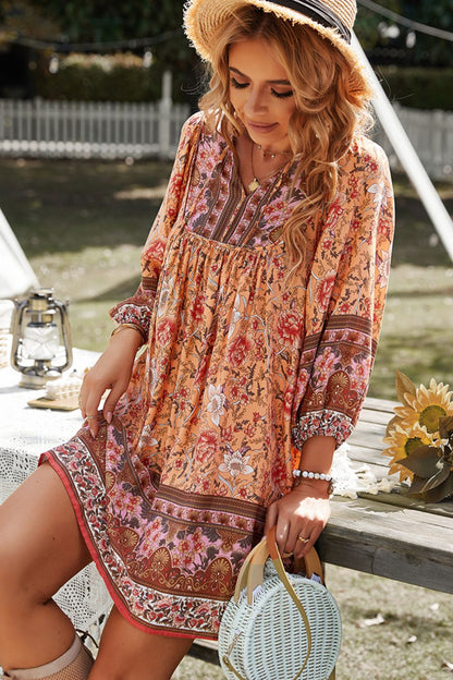 Devine Bohemian Tie Neck Balloon Sleeve Dress-Soul Flow Apparel