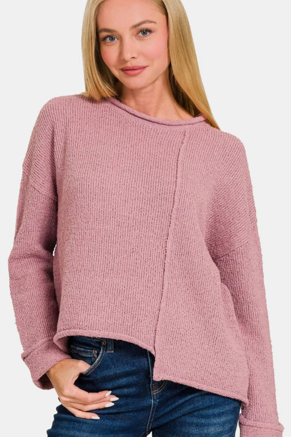 Trendsi Asymmetric Hem Boho Sweater in Soft Pink with Cozy Knit Fabric for Effortless Style