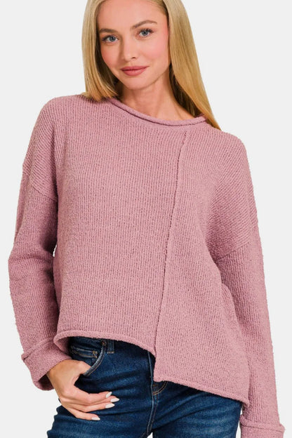 Trendsi Asymmetric Hem Boho Sweater in Soft Pink with Cozy Knit Fabric for Effortless Style